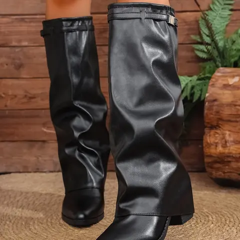 Women's PU Leather Rubber Fold-Over Buckle Knee-High Boots, Faux Leather Boots, Durable and Comfortable Classic Fashion Boots Footwear for Trendy Women All Match Boots, Fashionable Boots
