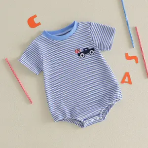 Baby Boy 4th of July Outfit Newborn Baby Boy Romper Waffle Short Sleeve Crew Neck Stripes Embroidery Car American Flag Bodysuit My First 4th of July Baby Boy Outfit