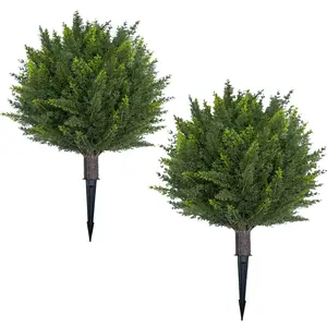 24-Inch Artificial Cedar Topiary Ball Trees (Set of 2), PE Material Faux Cypress Plants with Dense Leaves, UV-Resistant Fade-Proof Ground Spike Decorative Bushes for Front Porch, Indoor/Outdoor Garden Decor