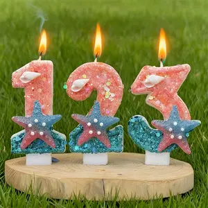 1pcs Powder blue colorful starfish and shell number candles, birthday party cake decorations, party atmosphere props, suitable for Halloween, Christmas events, and party supplies