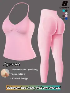 Women's New Seamless Halter Sports Bra + Peach Butt Pants Set, V-Neck Detachable Pads, High Elasticity Workout, Slim Fit Fashion