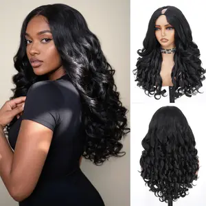 GKtineke V Part Wig, Body Wave Half Wigs for Women, Synthetic Yaki Hair, Glueless Wear and Go Wig with Bouncy Curls, Natural Black.