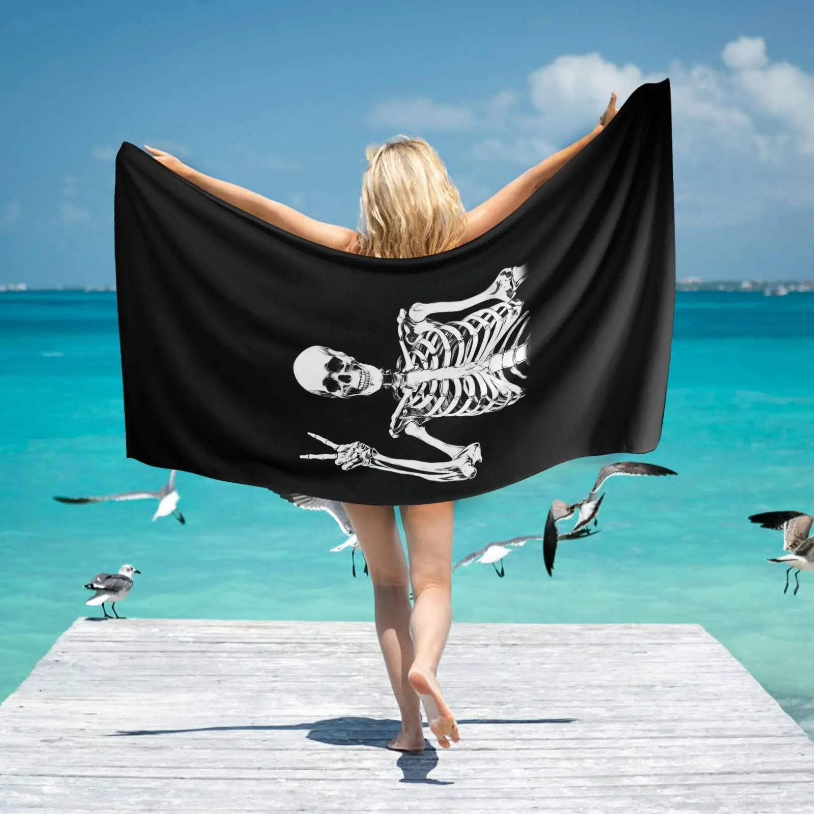 Cool Skeleton Peace Sign Beach Towel Picnic Blanket Gym Towel Travel Towel Absorbent Microfiber Towel,Essential for Summer Road Trips: Car Accessories | Large for Adults Compact for Kids Portable Towel for Beach Swimming Yoga Camping Road Trips