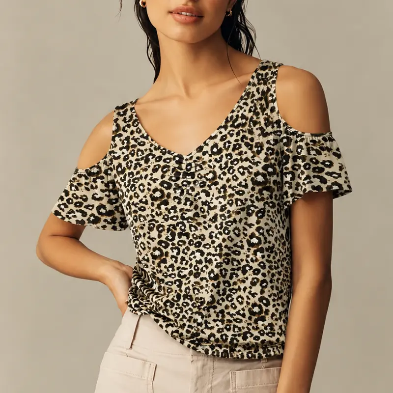 Leopard Print Cold Shoulder Top with V-Neck and Short Sleeves for Women Casual Womenswear Day Evening Jeans Love Piece Skirts Style