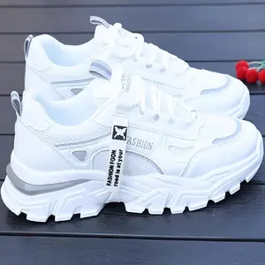 Women’s white sneakers — stylish low-top lace-up with a mesh upper, breathable fabric insole, and durable PVC sole for casual and sporty wear; casual footwear; trendy sneakers; mesh-upper sneakers