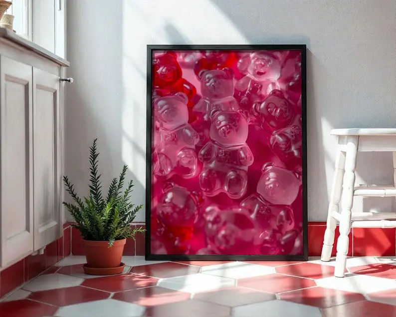 Glossy Pink Gummy Bear Wall Art Print Digital Download, Candycore Jelly Decor for Dopamine Room Aesthetic, Cute Pop Art Poster for Girls