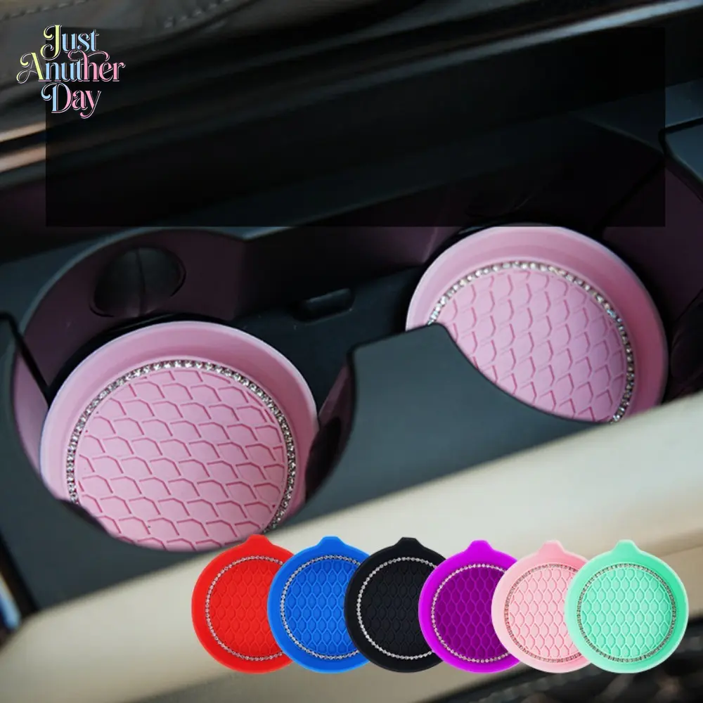 2-Pack 8 cm Non-Slip Rhinestone Bling Rubber Cup Pads, Car Coasters, Girly Whimsical Interior Car Accessories for Camping & Hiking Picnicware