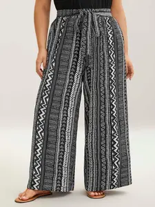 BLOOMCHIC Boho Print Wide-Leg Pants for Women - Casual Summer Trousers with Slanted Pockets & Belt - Loose-Fitting Bohemian Style - Black Loose Oversize Trouser Wideleg Womenswear Bottom Knot teacher outfits - Fabric camo pants