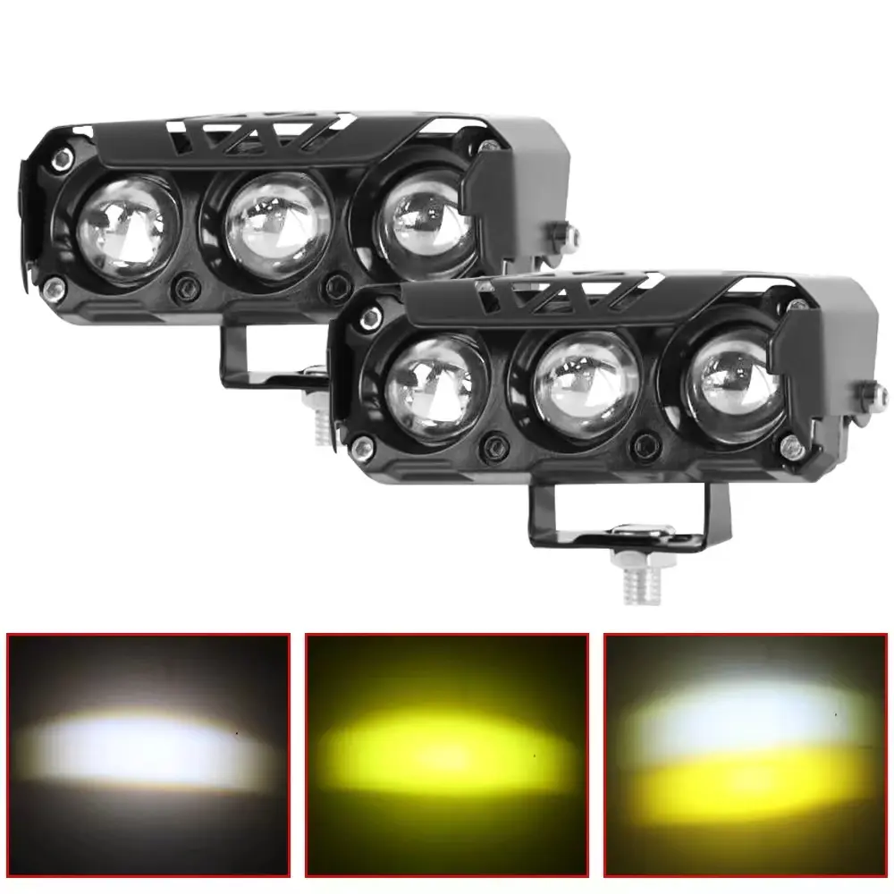 2PCS 3LED Spotlight 4-Mode Dual-color Beam Fog Lamp，Mini Lens Headlight Driving Light For Cars Trucks SUV ATV And UTV, Led Work Light,Car Accessorise