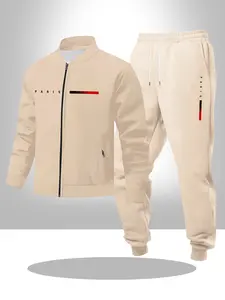 Men's Fall Winter Casual Fitted Stand Collar Jacket Pants Set, 2-Piece Menswear Letter Print Business Outdoor Sports Coat + Drawstring Leisure Pants Outfit