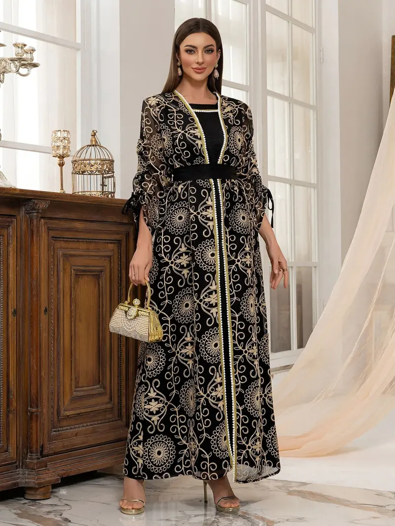 Elegant Abaya Dress, Islamic Middle Eastern Kaftan, Modest Muslim Fashion, Gold Embroidery, Belted Waist, Dubai Style, Ramadan Outfit, Eid Clothing, Black Abaya, Arabic Kaftan, Gulf Region Dress, Luxury Islamic Wear