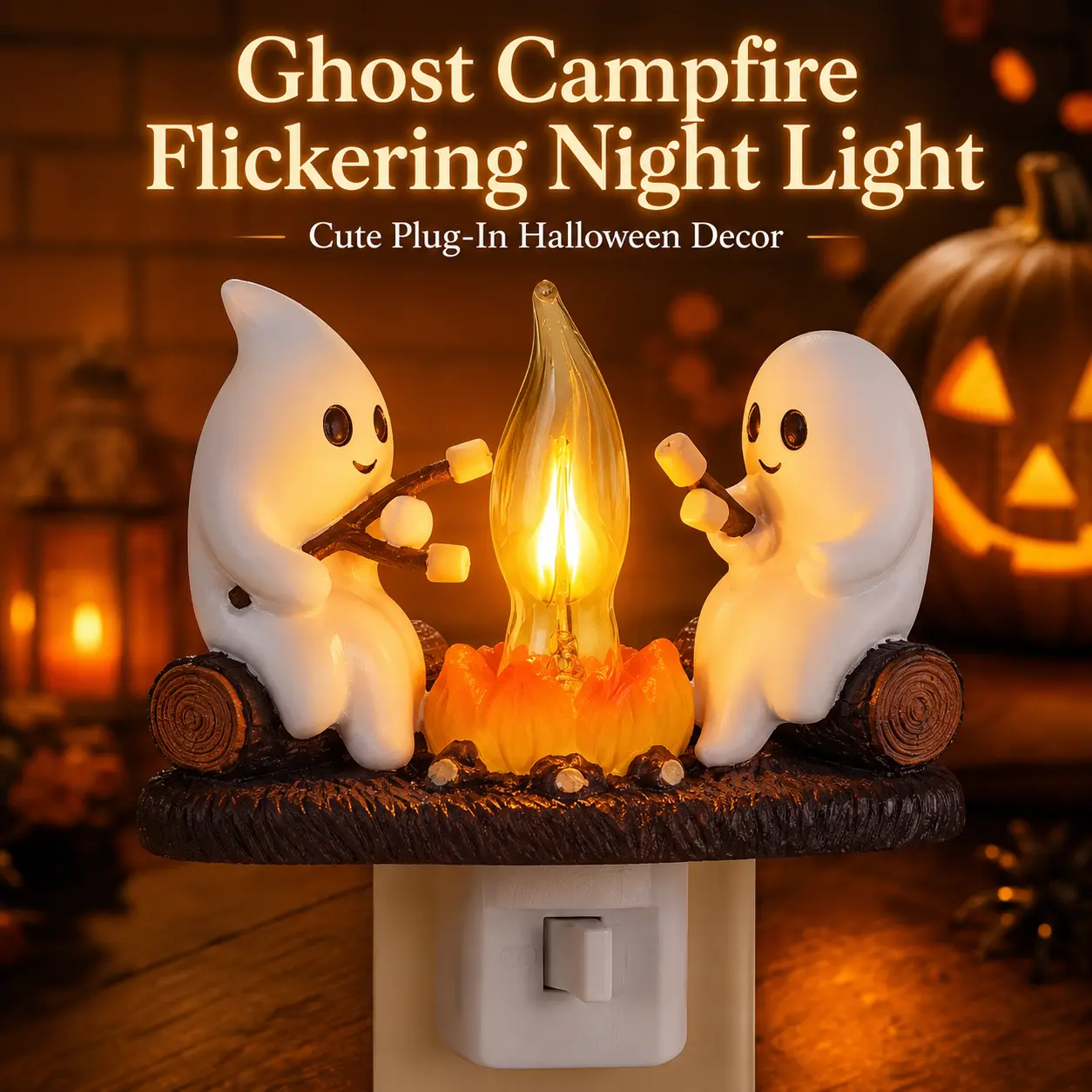 3D Ghost Campfire Flickering Night Light, LED Faux Flame Campfire Lamp for Halloween Bedroom, Desk, Shelf & Spooky Home Decor