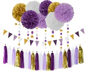 Lavender White Paper Flowers Banner Flags Tassel ribbon flower wreath Purple Gold Boho Wedding Decorations for Shower Birthday Party Fashion Accessories