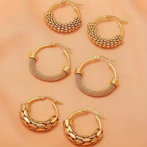 3 Pairs Stainless Steel Mesh Rice Hoop Earrings Fashionable Women's Earrings Jewelry