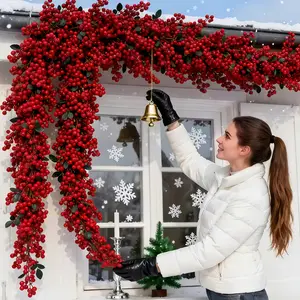 Must-have items for the New Year: 2 large red plum Christmas vines. The bright red fruits can be reused as berry vines. Christmas decoration, DIY wreath accessories, New Year decoration, high-quality maintenance-free