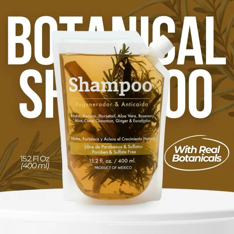 Viral New Herbal Shampoo 400ml (15.2 fl oz) - With Real Pieces of Rosemary, Cinnamon, Anise, Clove, Aloe, Ginger, & Eucalyptus - Fortalece, Regenera, Acelera Crecimiento. Fragrance Soothing