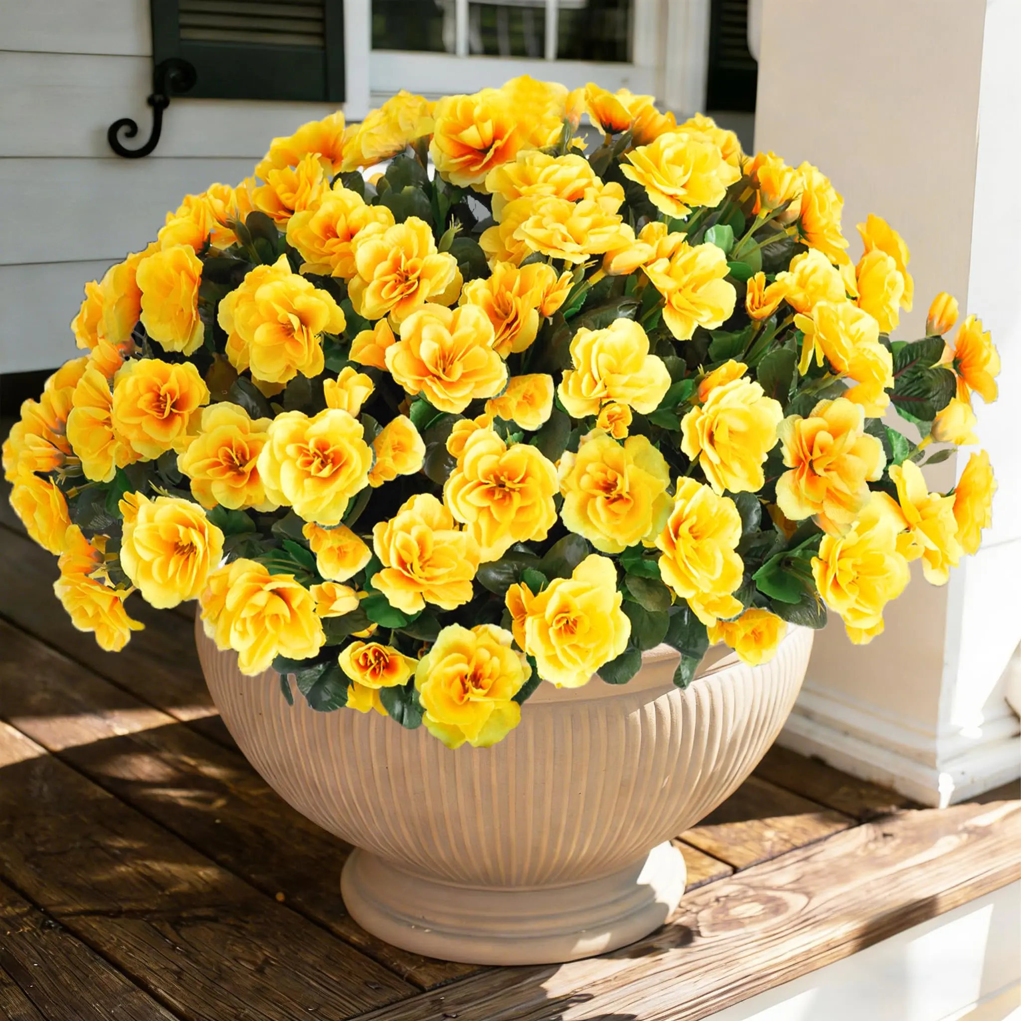 3 Large Artificial Flower Bouquet - Ivydale UV-Resistant Faux Silk Yellow Camellia Decorative Faux Flower, Outdoor Home Decor for Porch Patio, Suitable for Planter Pot, Wardrobe, Garage, Casual Use, Floral Decor