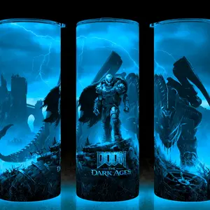 Glow in the Dark Doom The Dark Ages Gaming Cup Mug Tumbler 20oz with Lid and Straw - Elegant Drinkware for FPS Fans - Stainless Steel Flasks Plastic