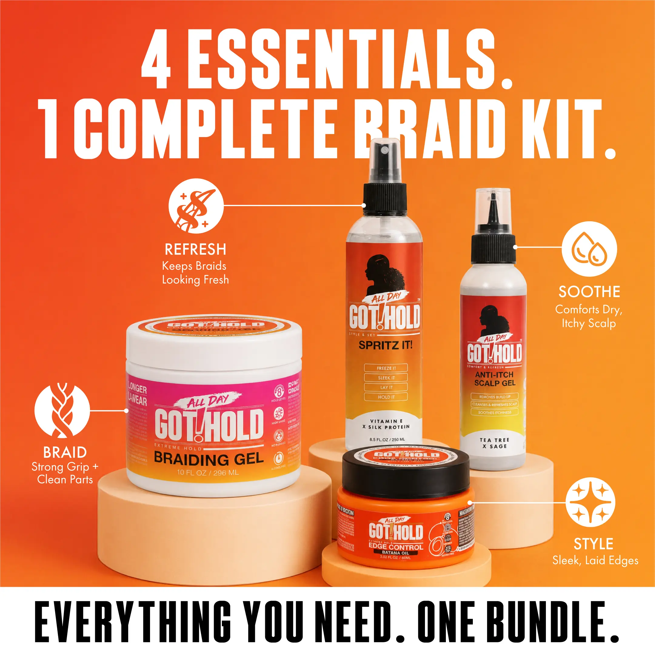 ALL DAY GOT HOLD Strong Hold Braiding Gel & Edge Control Bundle - Women's Dry Hair Products, Sleek Edges, Free Anti-Itch Scalp Gel, Setting Spray, Bottle Hair Gloss Styling Product