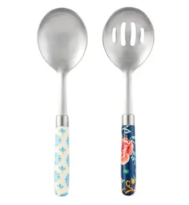 Floral Textured Stainless Steel Serving Spoon Set with Floral Pattern, and Colorful Handle 2