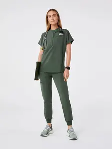 Women's Solid Color Stand Collar Short Sleeve Office Workwear Uniforms, Fashion Commute Two-Piece Set, Casual Running Outdoor, Multi-Pocket Design