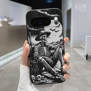 Rounded Edge Phone Case for Google Pixel 10 9 8 7 Pro A XL Desert Skeleton Moon Pattern Anti-Scratch Shockproof Soft Liquid Silicone Protective Cover Smartphone Casing