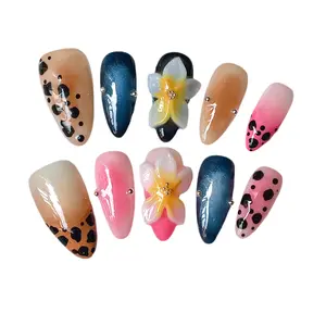 BByogooz Handmade Press-On Nails – 3D Flower & Pink Leopard Print Fake Nails Almond Acrylic Nail Tips Artistic Nails Cute Design False Nails(Leopard)