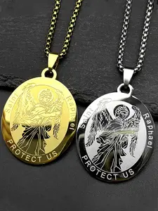 Stainless Steel Christian Archangel Saint Raphael Protect Us Medal Pendant Necklaces for Women Men Gold Color Chain
