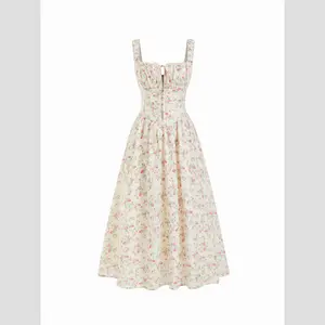 Cider Cotton-blend Square Neck Floral Knotted Shirred Midi Dress