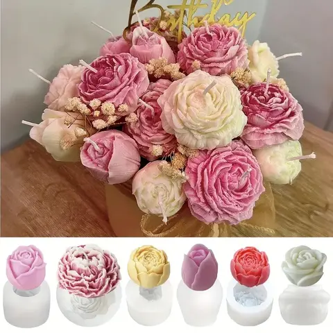 6-Piece Flower Candle Molds Set, DIY Floral Wax Mold Kit for Resin Casting Soap Making, Heart Rose Peony Design, Home Decor Wedding Craft Gift
