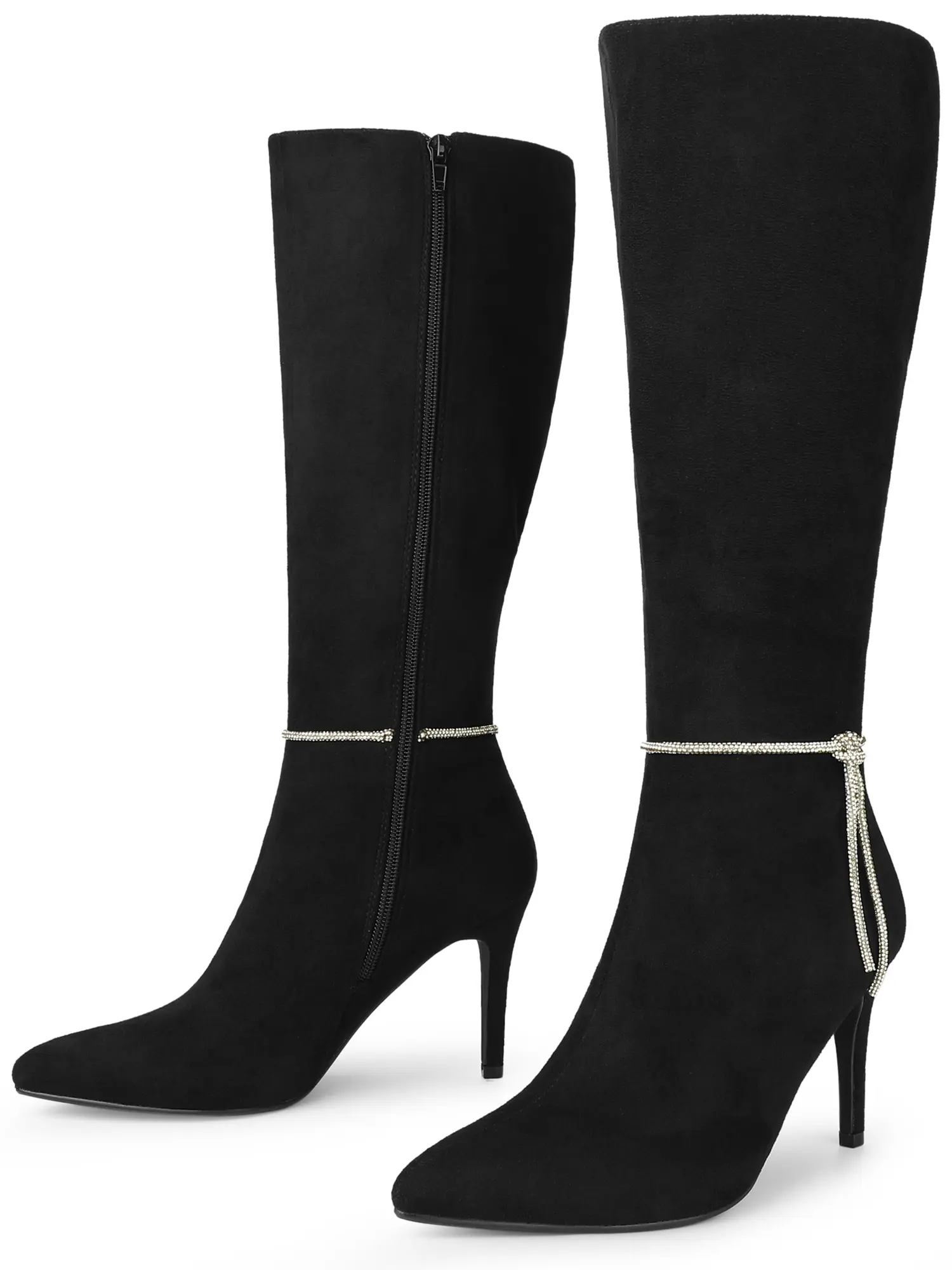 BLISSFUL STEP Women's Rhinestone Chain Pointed Toe Stiletto Heels Knee High Boots