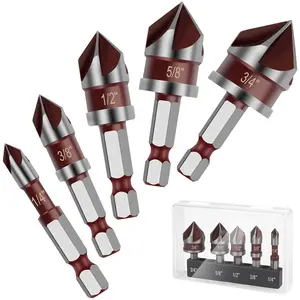 5 count Countersink Drill Bit Set, 82  HSS Counter Sink Drill Bits for , Metal, Plastic, 1/4"-3/4" with 1/4" Hex Shank Countersink Bit Set