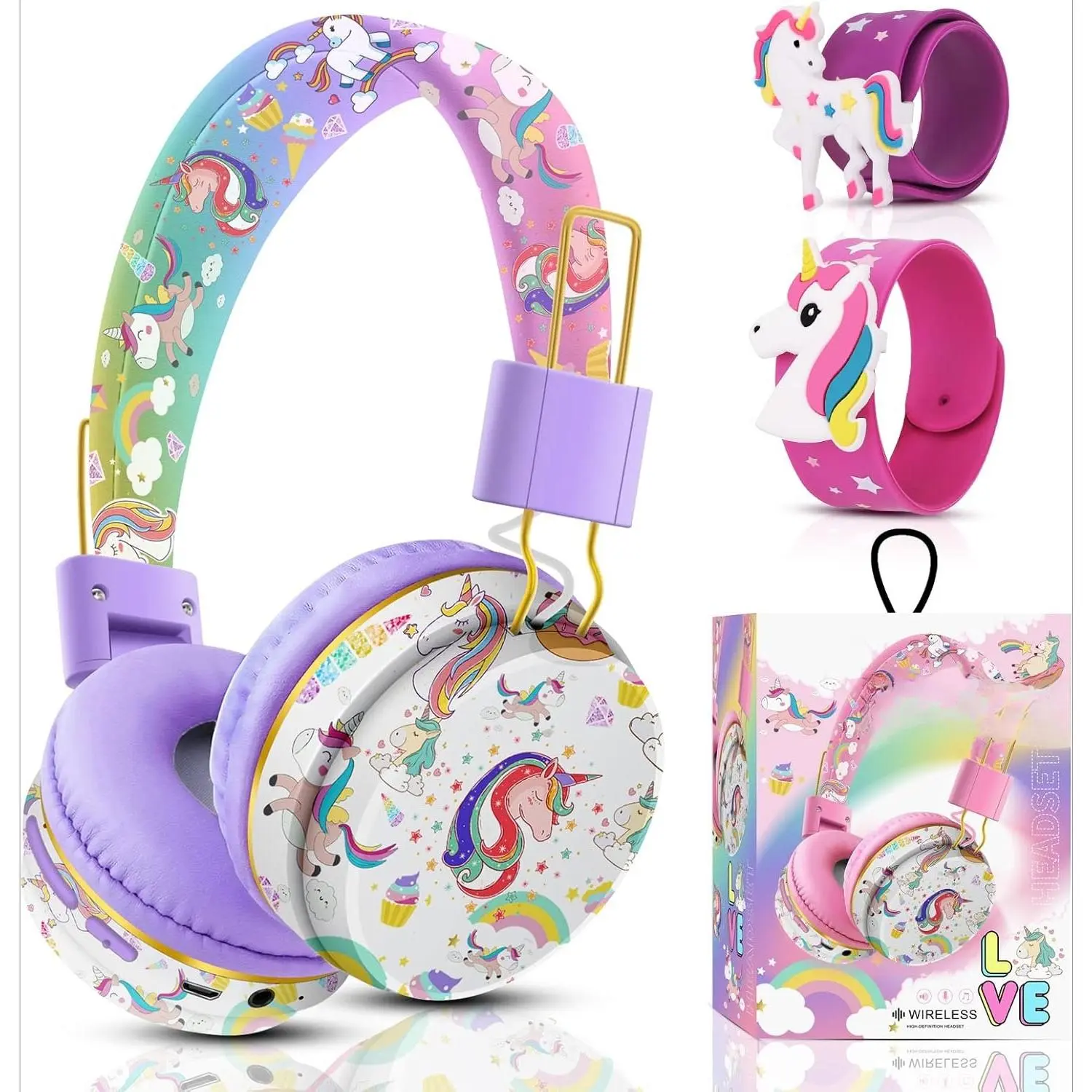 3C9-HPS01 Unicorn Wireless Headset for Girls - Purple Bluetooth Headphones with Microphone, 3.5mm Jack, Adjustable Headband, Adapter, Plug, Memory Card, Protection, Charging, Noise Cancelling, Compatible with Computer, Tablet, Smartphone, School iPad, Bir