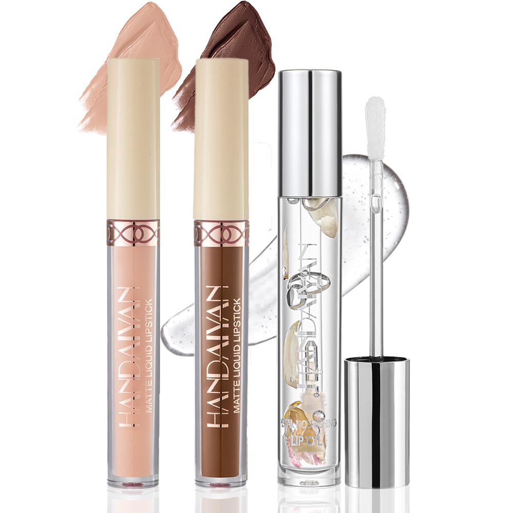3pcs Matte Lip Gloss & Lip Oil Set - Waterproof Long-Lasting, Non-Stick Velvet Finish, Mixed Shades (Hydrating Matte Lip Liner and Gloss Combo) for Party, Party Festival Christmas Halloween Daily Makeup & Daily Wear, Lip Combo, Assorted Shades Lipstick &