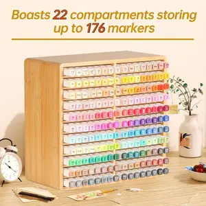 Bamboo desktop watercolor pen storage box, office pen holder, school drawing pen storage rack, multi-layer marker pen storage, Stationery Organizer