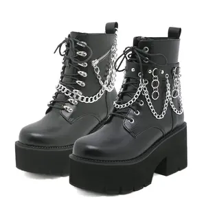 BlackFriday Fashion Chunky Heel Platform Combat Ankle Booties Women's Chains Lace up Studded Motorcycle Combat Short Boots Round Toe Side Zipper Black Gothic Boots