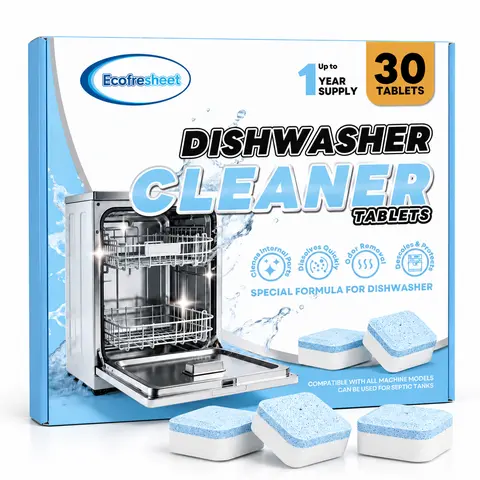 Ecofresheet Dishwasher Cleaner Tablets, 30 Count Deep Cleaning Formula for Grease, Limescale & Odor, Compatible with Most Built-in Freestanding Countertop Dishwashers, 1 Year Supply