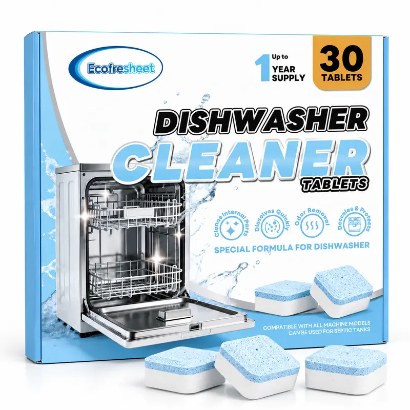 Ecofresheet Dishwasher Cleaner Tablets, 30 Count Deep Cleaning Formula for Grease, Limescale & Odor, Compatible with Most Built-in Freestanding Countertop Dishwashers, 1 Year Supply
