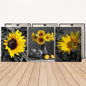 3 Counts Wooden Framed Canvas, Bright Yellow Sunflower Still Life Images, Exquisite Poster, Perfect Living Room Decoration, Modern Art, Fashion Family Poster, Wall Art Decoration, Waterproof Art