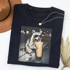 【100% cotton】 Raccoon Drinking Iced Coffee Shirt | Funny Animal Meme Tee | Coffee Lover Raccoon Shirt | Unisex Graphic T Shirt