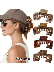 4 PCS Leopard print Extra Large Claw Clips for Thick Hair, 4 Inch Square Hair Clips for Women, Strong Hold Double Teeth Claw Clip for Hat, Non Slip Jaw Clips Hair Accessories, Hair Claws, Ideal for high ponytail, messy bun or half-up styles