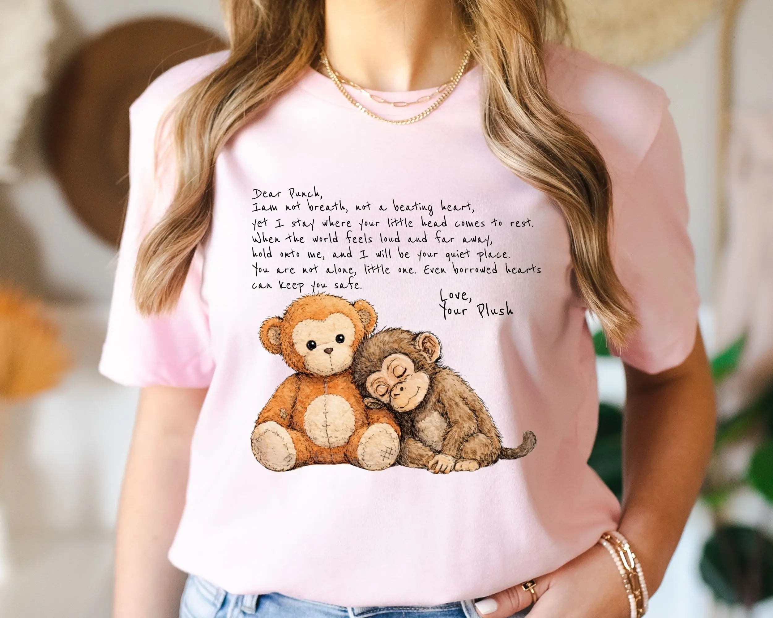Dear Punch Monkey Shirt, Emotional Animal Graphic Shirt, Viral Baby Monkey Plush Toy Poem Shirt