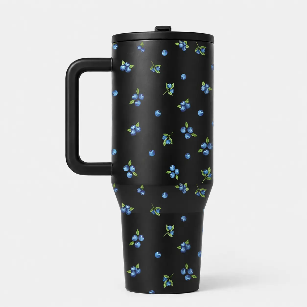 Watercolor Blueberry Pattern Insulated Travel Mug With Handle & Lid 40oz, Fresh Fruit Botanical Stainless Steel Water Cup (12H Hot / 24H Cold), Aesthetic Summer Drinkware Gift For Women & Fruit Lovers (White & Black Options)