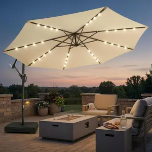 【Yard Must-Have】10ft Solar LED Patio Umbrella with Base Included, Offset Umbrella with Weighted Sandbag Base, Cantilever Patio Umbrellas for Backyard, Garden & Deck, 32 LED Lights & Polyester Shade, Beige
