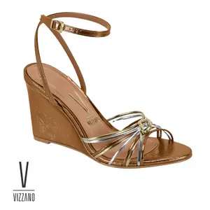 Vizzano Metallic Strappy Wedge Sandals with Ankle Strap Women’s Party Wedge Heels Open Toe Glam Metallic Wedge Sandals Adjustable Buckle Eco Friendly Silver Gold Bronze