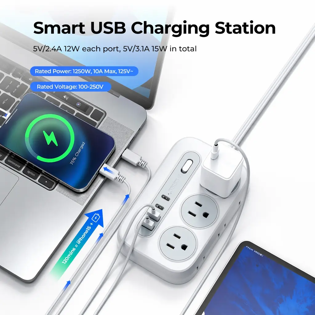 ORICO OG Series Multifunctional Power Strip, 10-in-1 Power Outlet Panel, 6 AC Outlets, 2 USB-A & 2 USB-C Ports, Compact Surge Protector, 1.5m/3m Plug Splitter with International Warranty for Home Office, Travel