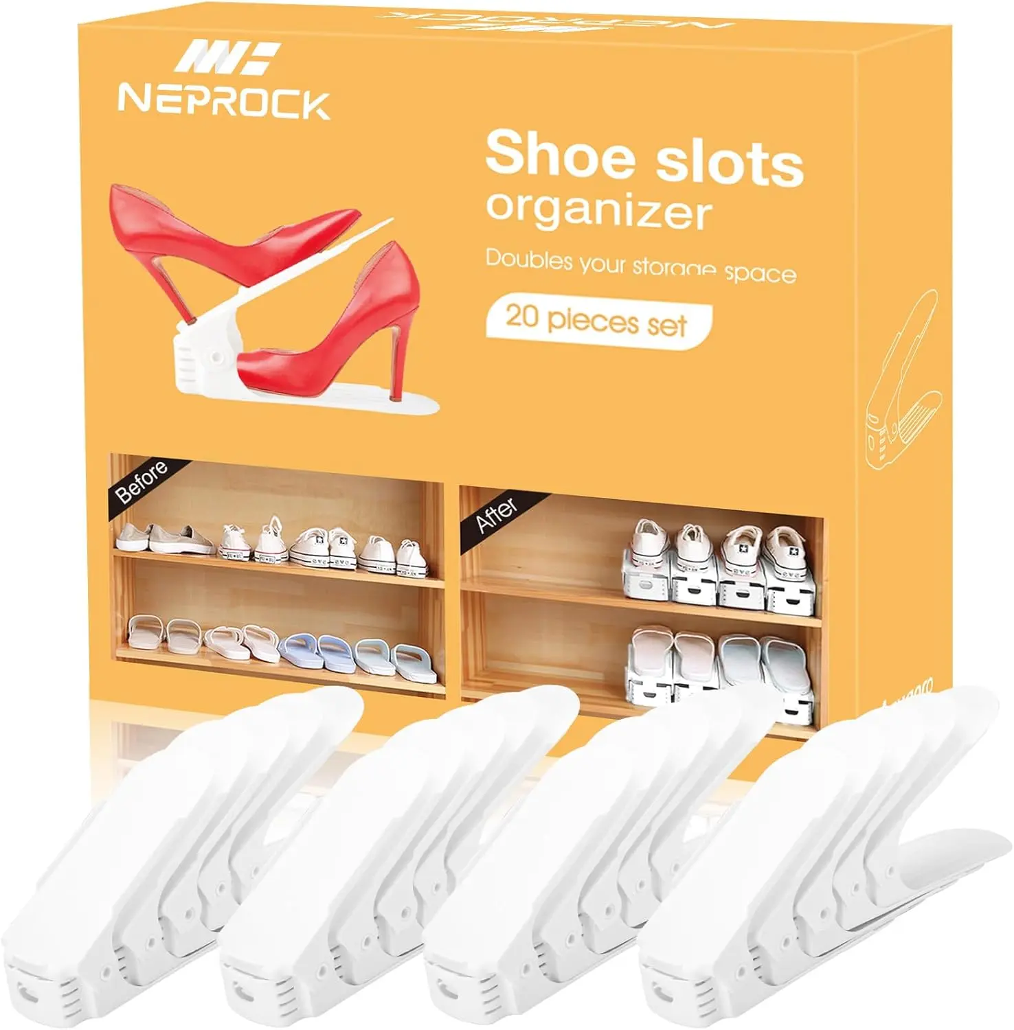 Neprock Shoe Slots Organizer, 20 Pack Adjtable Shoe Rack Stacker Storage Space Saver, Double Deck Shoe Rack Holder for Closet Organization (White)