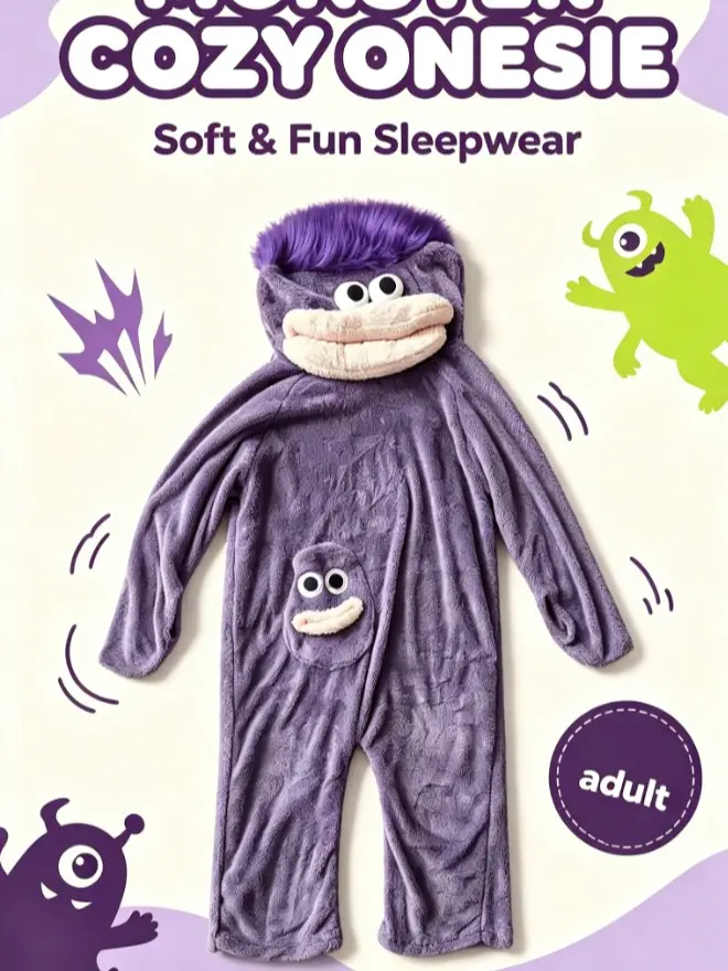 Unisex Soft Silly Wearable Plush Onesie Pajama Set - Loungewear with Wig-Comb, Big Eyes & Big Mouth Costume, Longsleeve for Sleepovers, Pranks, Nightwear