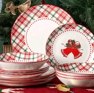 12pcs Red & White Plaid Ceramic Dinnerware Set with Golden Bells Christmas Tableware for 4 Anti-Slip Scratch-Resistant Plates Bowls Microwave Dishwasher Safe Elegant Holiday Giftware Ideal