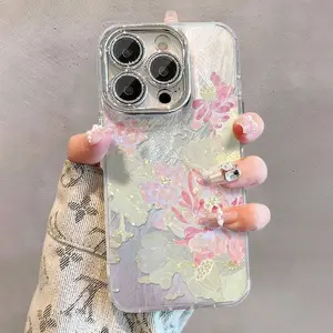 Guochao Style Lotus Phone Case for use with iphone 17 air 16 pro max 15 plus 14 pro 13/12/11 X/XS XSMAX Chinese style lens protector aesthetic trendy phone cases holographic luxury phone case New Chinese Aesthetic Shockproof Cover